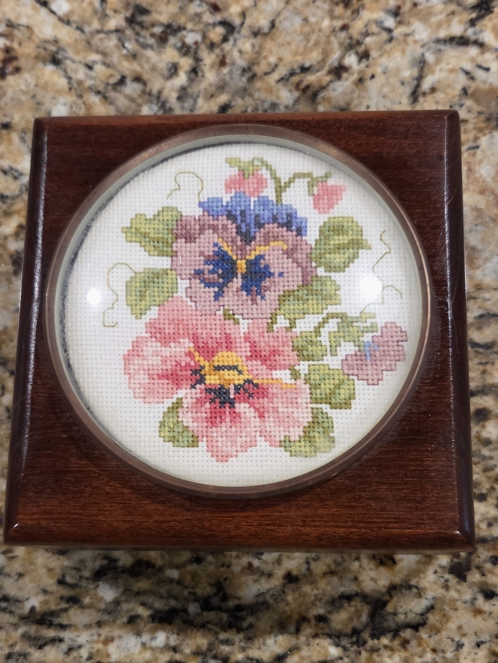 Cross Stitch Pansies On Wood Trinket Box Glass Frame Hinged Vintage